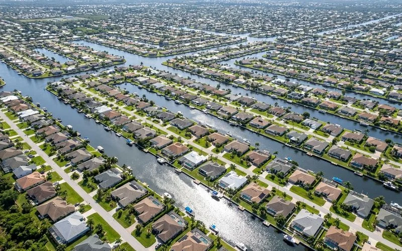 Aerial view of Cape Coral canals and neighborhoods