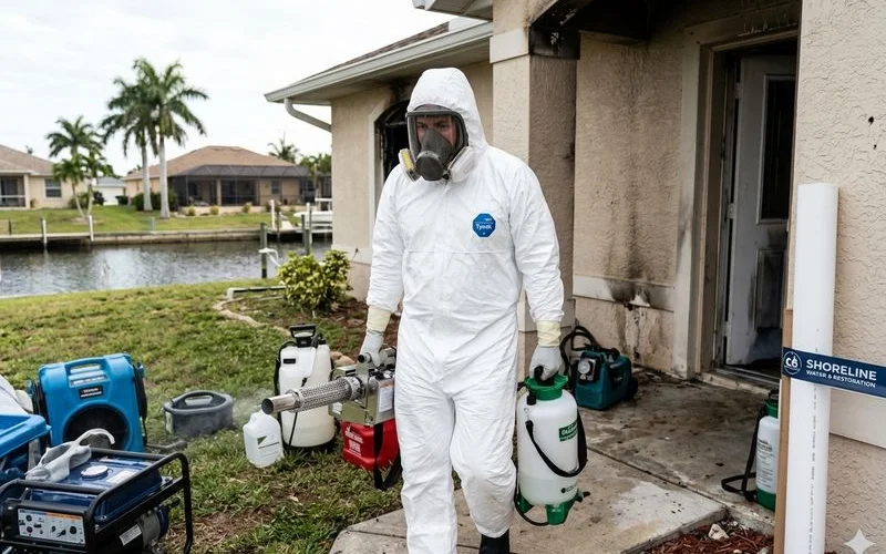 Professional biohazard cleanup technician in full PPE with equipment