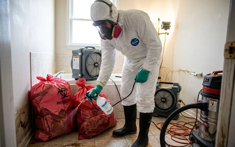 Sewage cleanup technician in full PPE extracting contaminated water