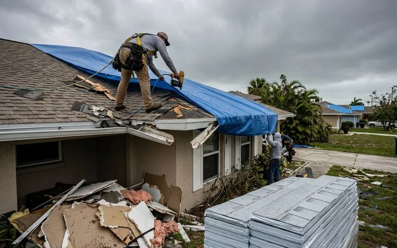 Hurricane damage emergency response and roof tarping