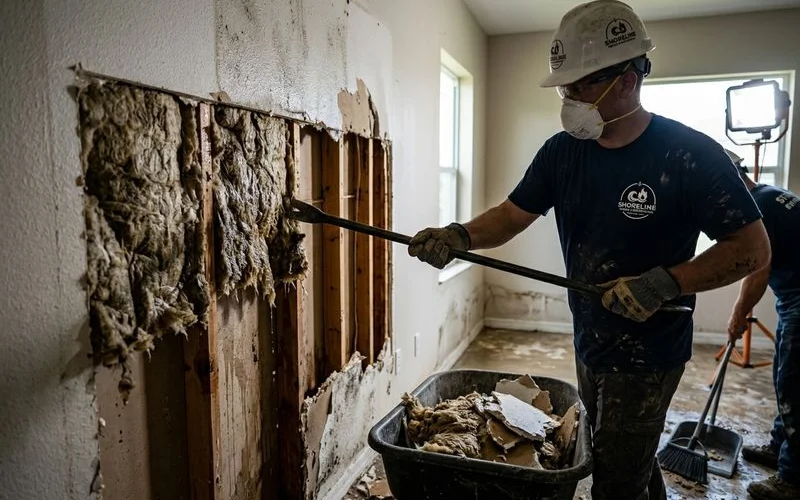 Flood damage debris removal and demolition in progress