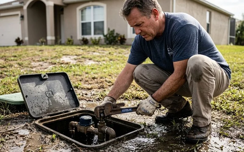 Homeowner locating main water shutoff valve to stop burst pipe flooding