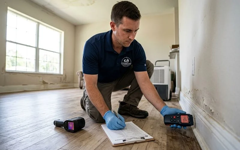 Restoration technician documenting water damage for cost estimate
