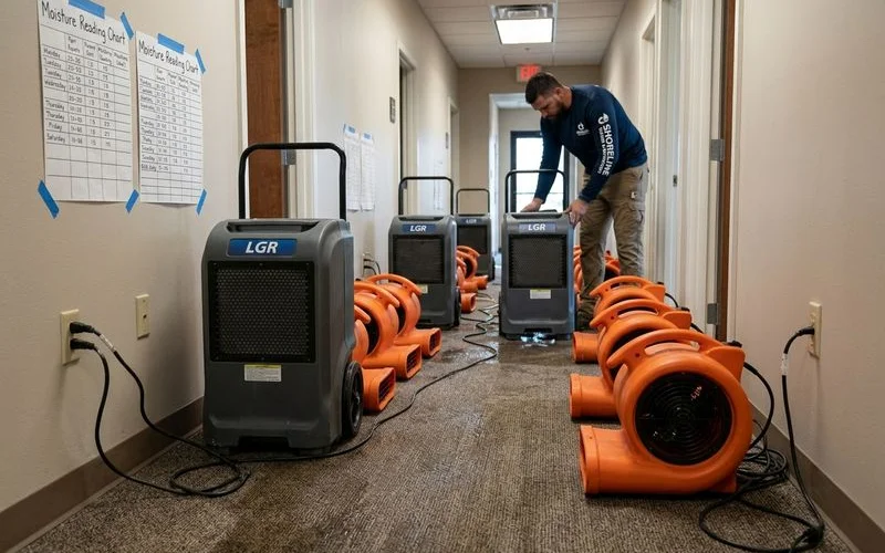 Commercial water damage restoration with industrial drying equipment