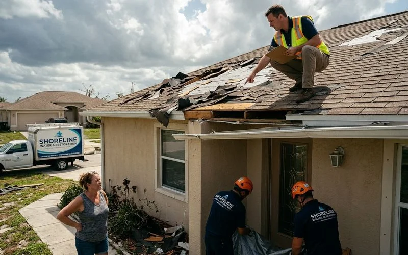 Insurance adjuster inspecting hurricane damage on Cape Coral home