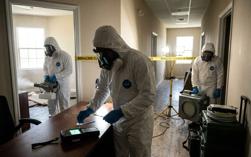 Professional biohazard cleanup crew finishing decontamination work