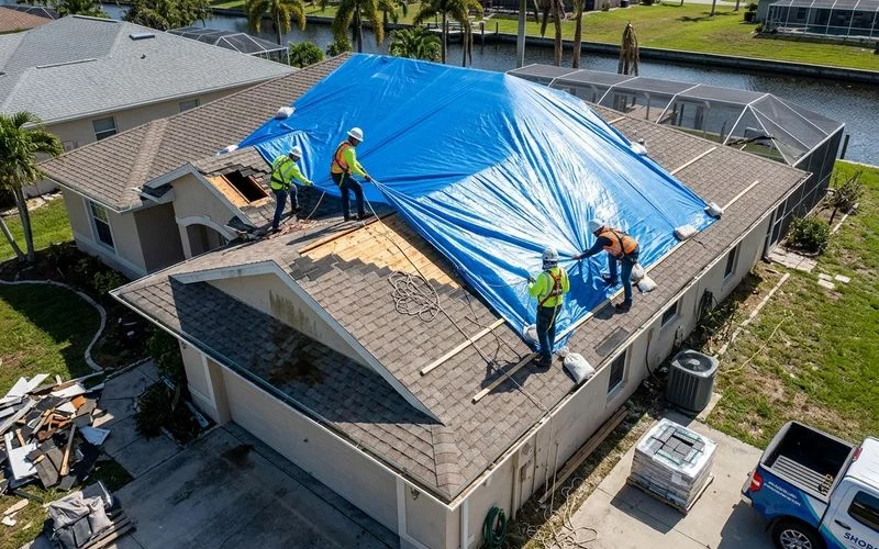 Roof tarping installation on storm-damaged Cape Coral home