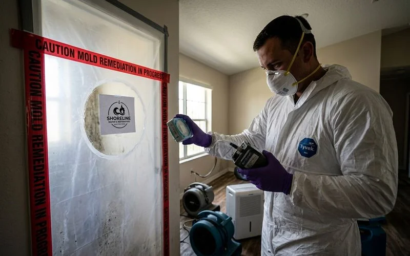 Mold testing air sample being collected next to remediation containment barrier
