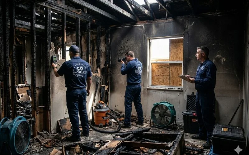 Fire damage assessment team documenting damage for insurance