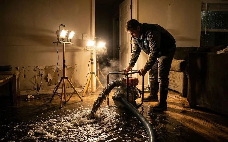 Emergency water cleanup crew extracting water at night