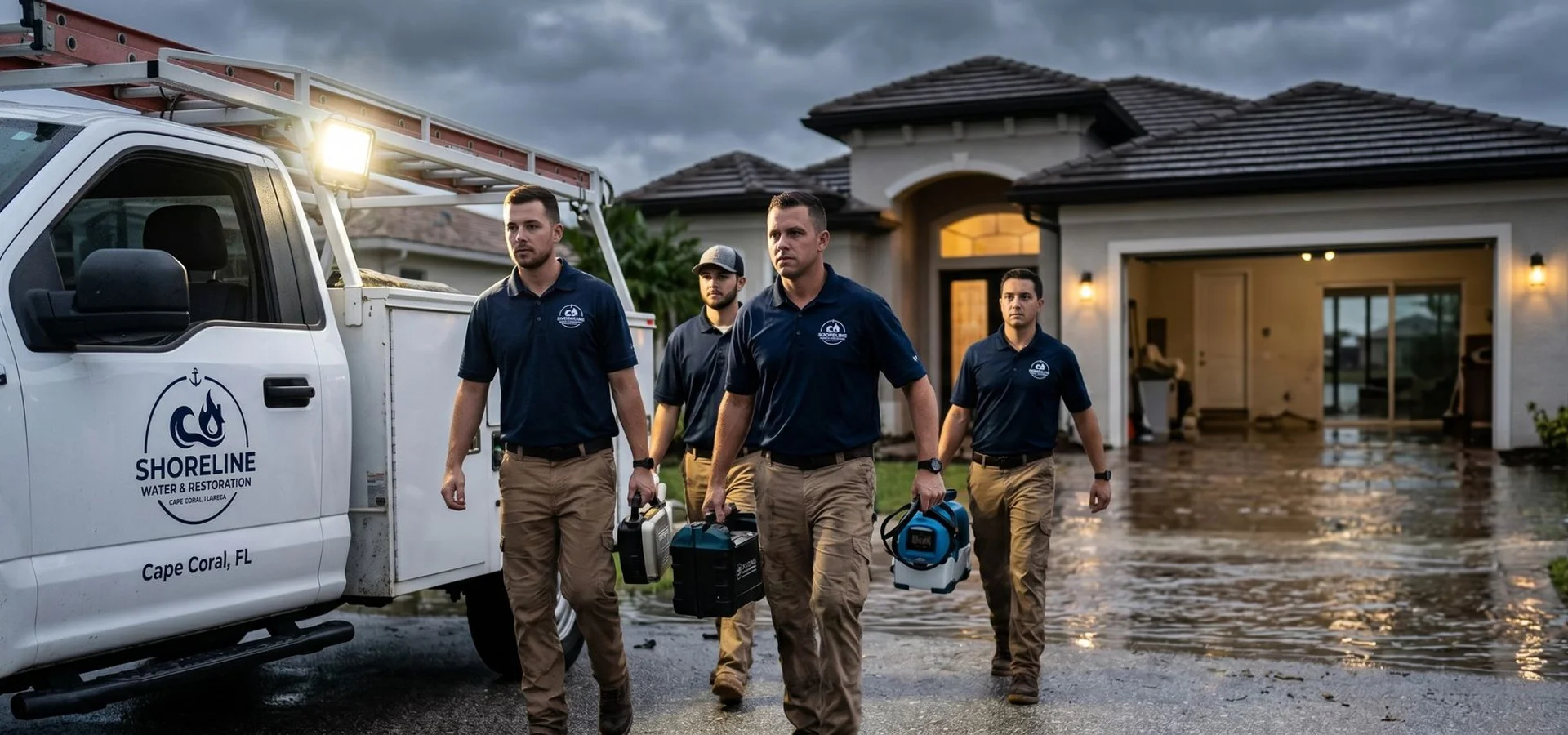 Emergency restoration team responding to water damage in a Cape Coral home